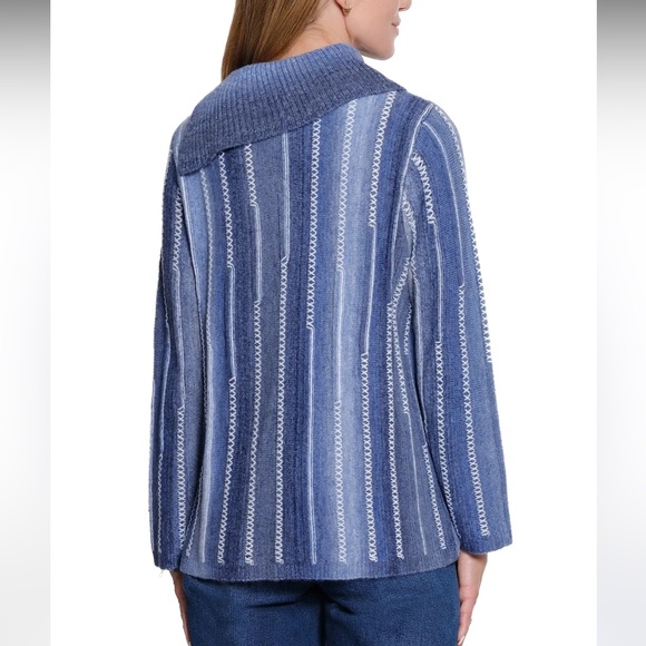 Ali Miles Split Neck Knit Sweater Blue Stripe Long Sleeve Cozy Casual Lagenlook - Picture 3 of 17